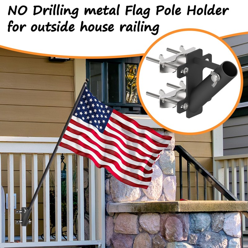 FlagPole Holder,No Drilling Metal Flagpole mount for Railings, Horizontal or