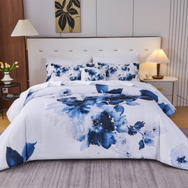 Koniroom Blue Floral Comforter Set Queen Size, 8 Pieces Bed in a Bag Elegant Watercolor Flower Bedding with Sheets & Decorative Cushion Cover for Women