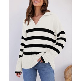 ZESICA Women's 2024 Winter Sweaters Lapel V Neck Long Sleeve Striped Chunky Knit Oversized Pullover Sweater Jumper Tops,White,Large