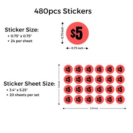Mobiusea Creation 480pcs $5 Price Stickers | 5 Dollar Price Tags Labels | Bright Red Color with Black Text | 3/4" in Diameter | Preprinted Price Labels | Garage Sale Stickers