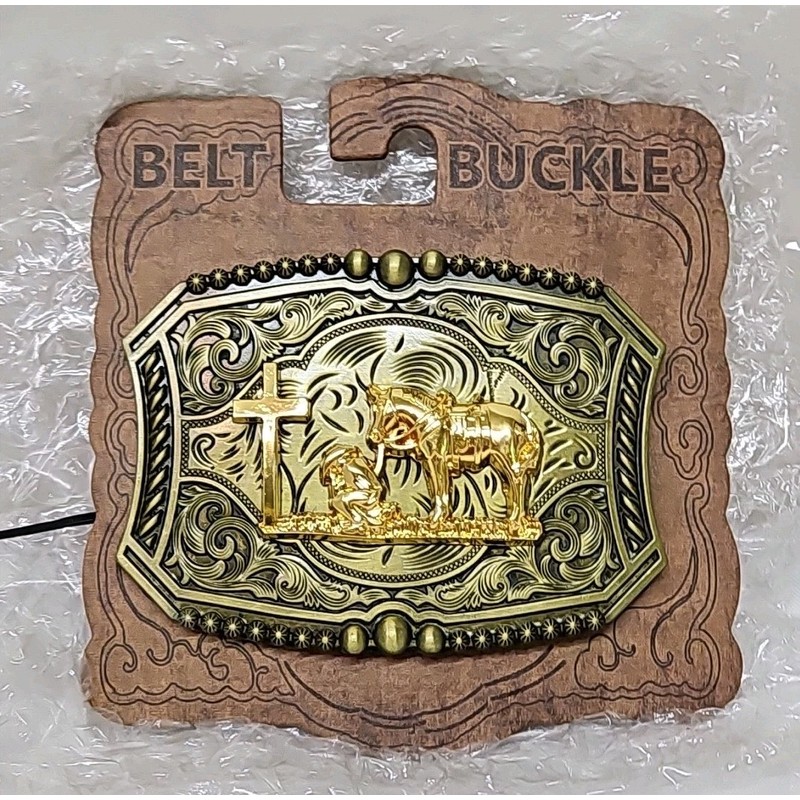 Unbranded Western Belt Buckle Gold Tone Praying Cowboy Kneeling At