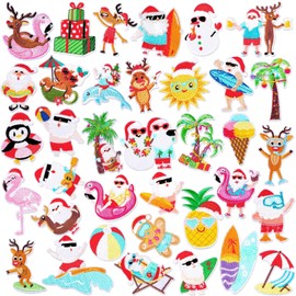 36pcs Summer Christmas Iron On Patches Christmas in July Beach Theme Embroidered Sew Applique Hawaiian Tropical Repair Patch DIY Crafts for Clothing Jacket Jeans Pants Dress Backpack Hat Decorations