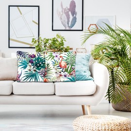 Betadistor Green Cushion Covers 45 x 45 cm，Set of 4 Green Leaves with Birds Design Pillow Cover Microfibre Pillow case for Sofa Garden Bed Couch Cushions, Green, 502-0034