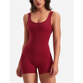 YEOREO One Piece Workout Jumpsuits for Women Backless Tummy Control Sleeveless Jumpsuits Lizvette V Back Scrunch Yoga Romper Wine Red M