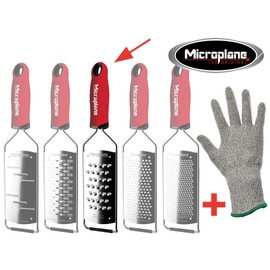 Microplane Gourmet Grater Fine Coarse Very Coarse Star Blade Rasp + Prymo Protective Glove Size Very Coarse Grater Red