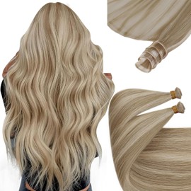 Sunny Hair Genius Weft Hair Extensions Human Hair Invisible Hand Tied Weft Sew in Hair Extensions for Women Real Human Hair Golden Blonde Highlights Dark Ash Blonde 20 inch