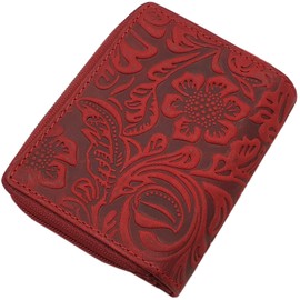 myledershop Small Buffalo Full Leather Women's Wallet/Wallet/Purse in Portrait Format with Liana Embossing and RFID & NFC Protection, cherry red, Modern