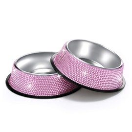 SAVORI Bling Dog Bowls Pink, 640ML Handmade Bling Rhinestones Stainless Steel Pet Bowls Double Food Water Feeder for Puppy Cats Dogs - Set of 2