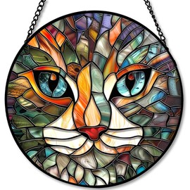 Stained Glass Window Hanging Cat Face， 7.8in Sun Catchers Panel for Indoor Decorative Display for Mom， Wife， Lovers， Festive