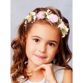 IYOU Flower Girl Headband Pink Flowers Hair Wreath Communion Wedding Hair Accessories for Girls