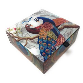 Value Arts Pair of Peacocks Glass Keepsake Box, Beveled Edges, Velvet Lined, 4.7 Inches Square
