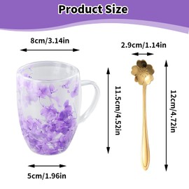 Anseom Pack of 2 Dried Flowers Double Glass, 350 ml Double-Walled Glasses with Handle, Flowers Double-Walled Coffee Glasses Gift for Women, Thermal Glasses Double Walled for Cappuccino Tea Milk Latte