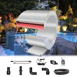 LONGRUN J-Shaped Waterfall Spillway Stainless Steel Swimming Pool Fountain with Color Changing LED Light, Outdoor Pond Waterfalls Kit for Garden Patio Swimming Pool Koi Ponds Decoration -13.6" Height