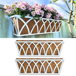 LaLaGreen Wall Planter - 2 Pack, 24 Inch White Metal Rectangular Hanging Flower Box Window Boxes Planters with Coco Liner Attach House Outdoor, Farmhouse Plant Holder Deck Railing Patio Balcony Fence