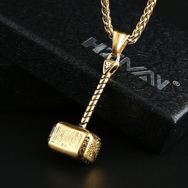 HZMAN Thor Hammer Necklace for Men Stainless Steel Retro Mythic Odin Hammer Pendant Necklace Jewelry Gift (Gold)