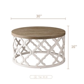 karlott Farmhouse Coffee Table, French Country Round Coffee Table, Distressed Wood Top with Curved Motif Frame Base for Boho, Living Room