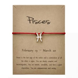 Silver Star Sign Red Rope Pendant Bracelet - Pisces (19th February - 20th March) - Zodiac Constellation Horoscope Celestial Astrology Jewellery - Women Men Gift