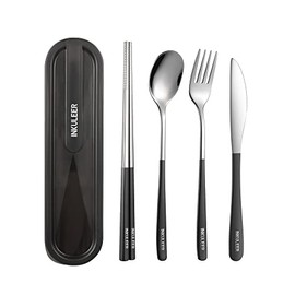 Juego de cubiertos de viaje, cubiertos de acero inoxidable 18/8, juego de utensilios reutilizables con estuche, cubertería portátil para lonchera de c