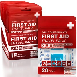 EVERLIT CARE Travel Bandage Pack | 12 Individual Packets, Bulk Portable Mini First Aid Kit with 20 On-the-Go Essentials | Compact Water-Resistant Reusable Pouch to Clean, Cover & Protect