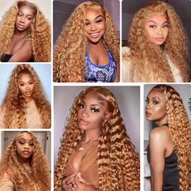 Fabimiya Human Hair Bundles 16 18 20 Inch Light Brown P27/30 Deep Wave Bundles Human Hair 100% Unprocessed Soft Sewn In Hair with Double Weft for Black Women
