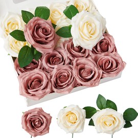 NEVISI Artificial Flowers Silk Rose Dusty Rose Ivory Fake Roses 16 Pcs Real Looking Fake Flowers with Stems for DIY Wedding Bouquets Party Tables Centerpieces Floral Arrangements Decoration