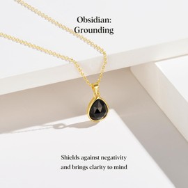 KissYan Gemstone Necklace for Women, 14K Gold Plated Crystal Teardrop Pendant Choker Natural Healing Stone Jewelry Gift(Obsidian)