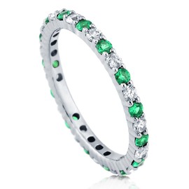 BERRICLE Sterling Silver Simulated Emerald Pave Set Round Cut Cubic Zirconia CZ Stackable Fashion Anniversary Eternity Ring for Women, Rhodium Plated Size 8