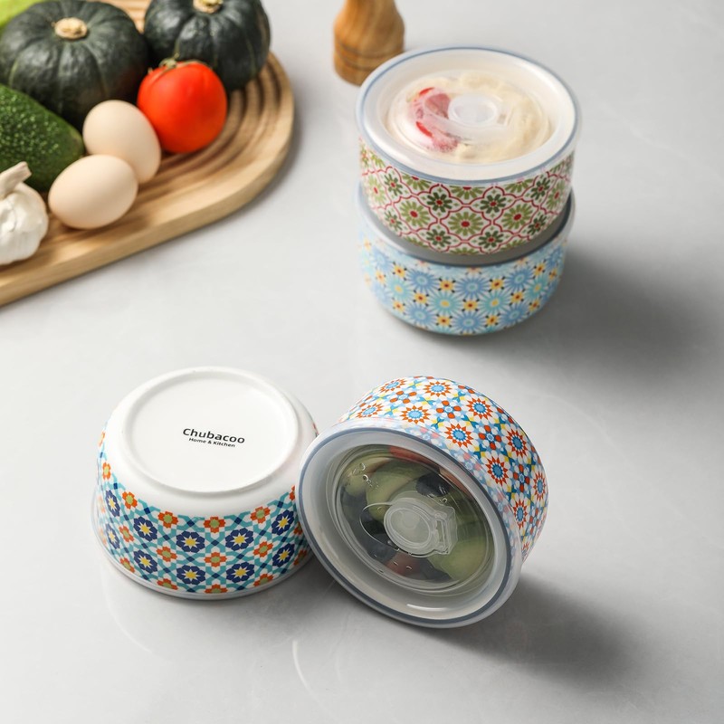 Chubacoo Ceramic Bowls Set with Lid: Microwave Safe Soup Containers