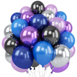 Outer Space Balloons, 12 Inches Galaxy Blue Purple Balloons with Metallic Black Silver Balloons, Outer Space Party Decorations for Kids Boys Astronaut Space Birthday Party Decoration
