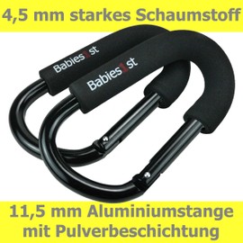 Babies1st Pram Carabiner Large 14 cm, Pram Hook for Changing Bag, Changing Backpack, Wheel, Wheelchair, Pram Carabiner Premium Black Edition Set of 2