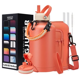 64oz Insulated Water-Bottle with Strap - Half Gallon Water Jug with Straw & Spout Lid, 2 Liter Stainless Steel Water Bottle Leak Proof, Cold-48h Hot-24h Metal Flask w/ Paracord Handle, Carrier Case