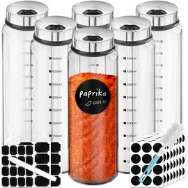 Segarty Glass Spice Jars, 6 Pack 15oz Large Spice Jar with Labels, Clear Empty Spice Containers with Shaker Lids, Salt Pepper Shakers Set Seasoning Bottles with 136 Stickers, 1 Chalk Pen and Brush