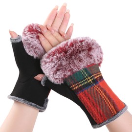 Belle Dame Womens Teens Winter Warm Faux Rabbit Fur Fingerless Gloves Mittens Texting Gloves Wrist Warmer (GL626-6)