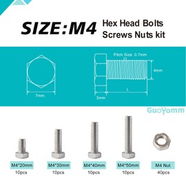 GuoYomm M4 x 20mm 30mm 40mm 50mm Hex Head Bolts and Nuts, M4 x 0.7 Bolts, Hexagon Head Screws, Stainless Steel 304, Bright Finish, Fully Thread, Assortment Kit 80PCS
