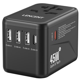 LENCENT Universal Travel Adapter, GaN III 45W International Charger with 3 USB & 2 USB-C PD Quick Charge Ports, Worldwide Charging Adapter for Type A/C/G/I, USA/UK/EU/AUS Sockets, Black