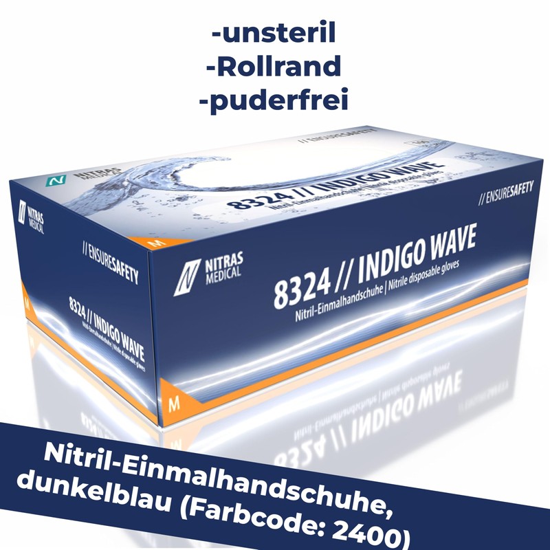 Nitras 8324 Indigo Wave Powder-Free, Non-Sterile, Medical Nitrile Disposable Gloves,