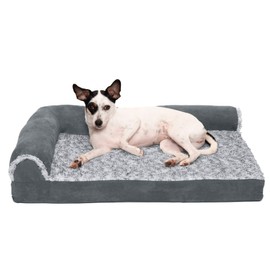 Furhaven Pet Bed for Dogs and Cats - Two-Tone Faux Fur and Suede L-Shaped Chaise Memory Foam Dog Bed, Removable Machine Washable Cover - Stone Gray, Medium