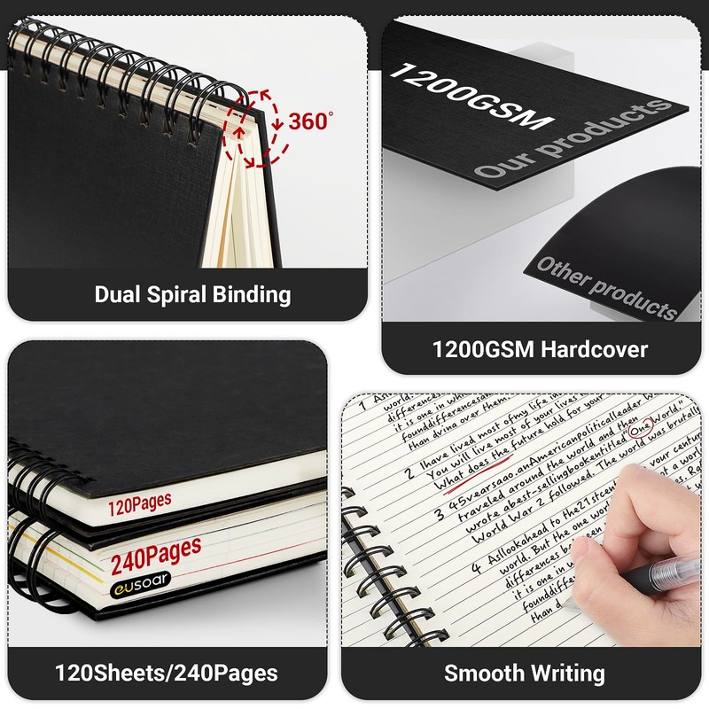 EUSOAR Hardcover Spiral Notebook, 6 Pack A5 5.5"x 8.3", 5
