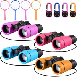 4 Set Kids Binoculars Children Colorful Real Binoculars Set Shockproof High Resolution Binoculars with Magnifying Glass and Compass for Bird Watching Hunting Hiking Outdoor Exploring (Bright Color)