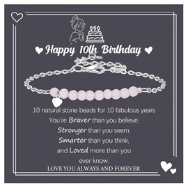 Pink Stone Bead Bracelet 10th Birthday Gifts for Girls Adjustable Heart Charm Bracelet Birthday Gift for Sister Daughter Niece Friend (10th)