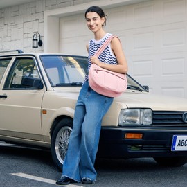 VONAL Puffer Crescent Crossbody Bag for Women Lightweight Nylon Quilted Waterproof Shoulder Purses with Adjustable Strap (Pink)