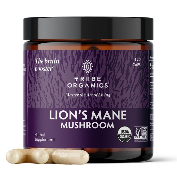TRIBE ORGANICS Lion’s Mane Supplement 1800mg Mushroom Extract Powder - Immune System Booster & Brain Nootropic for Focus and Memory | Mental Clarity | Natural Energy and Immunity - 120 Vegan Capsules