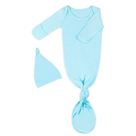 Newborn Baby Knotted Gown, Super Soft Silky Infant Long Sleeve Sleeper for Baby Girl and Boy Sleeping Bag with Hat Sky Blue