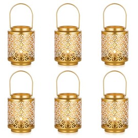 NUPTIO - Linternas doradas para centros de mesa de boda: 6 soportes colgantes de metal de 4.1 pulgadas, mini luces de té decorativas a granel para decoración de Día de Acción de Gracias, Diwali
