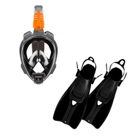 OCEAN REEF - Aria QR+ Full Face Snorkeling Mask & Duo II Travel Fins (Black, Mask M/L - Fins L/XL)
