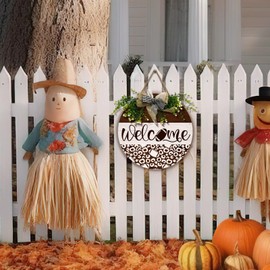 Dacawin Welcome Football Front Door Sign Fall Wooden Hanging Signs with Wreath And Bow Rustic Autumn Football Game Sports Round Door Signs for Farmhouse Home Family Wall Decorations 12 X 12 Inches