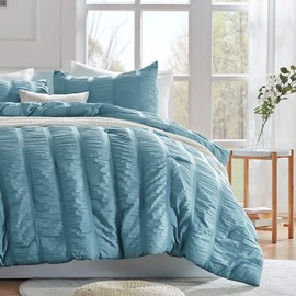 SLEEP ZONE Luxury Seersucker King Size Comforter Set 3-Piece, Soft & Lightweight Down Alternative Duvet Insert with Pillow Sham Cooling for Summer, Blue