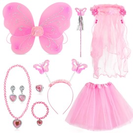 Oerphh 10pcs Fairy Wings Costume for Kids, Butterfly Wings Kids with Wand Headband Tutu Necklace Bracelet Ear clips, Fairy Princess Skirt Set for Girls World Book Day Cosplay (Pink)
