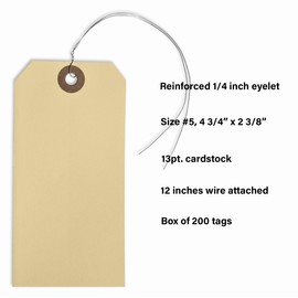 Shipping Tags with Wire Attached - 4 3/4" x 2 3/8" - Box of 200 Manila Paper Pre-Wired Blank Tags with Reinforced Eyelet