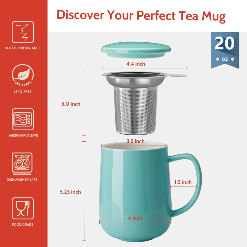 Sweese 20 OZ Porcelain Tea Mug with Infuser and Lid,